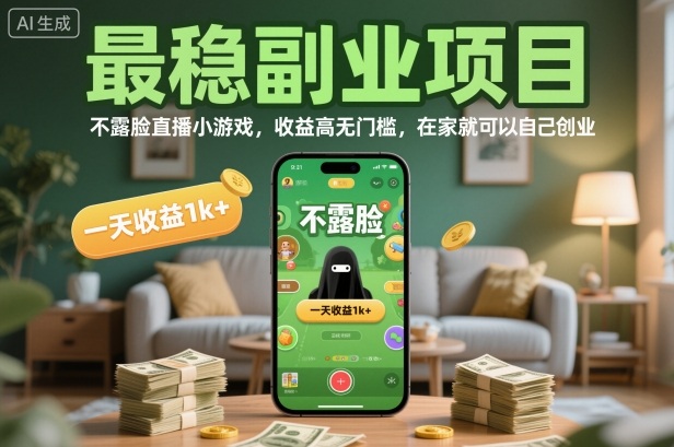 最稳副业项目，不露脸直播小游戏，收益高无门槛，一天收益1k+，在家就可以自己创业【揭秘】-极客网创
