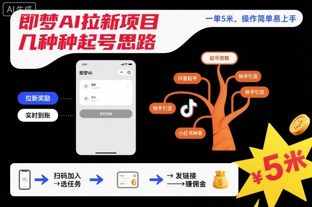 即梦AI拉新项目几种起号思路，一单5米，操作简单易上手-极客网创