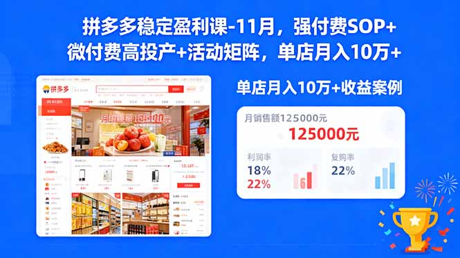 拼多多稳定盈利课-11月，强付费SOP+微付费高投产+活动矩阵，单店月入10w+-极客网创