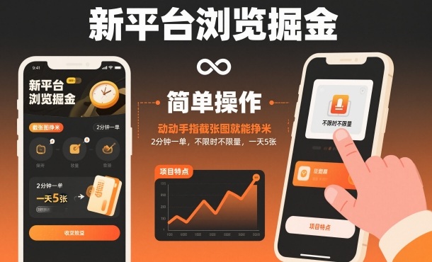 新平台浏览掘金，动动手指截张图就能挣米，2分钟一单，不限时不限量，一天5张【揭秘】-极客网创