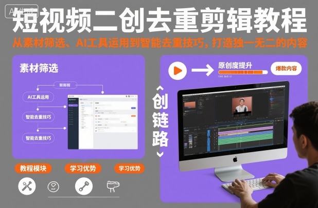短视频二创去重剪辑教程，从素材筛选、AI工具运用到智能去重技巧，打造独一无二的内容-极客网创