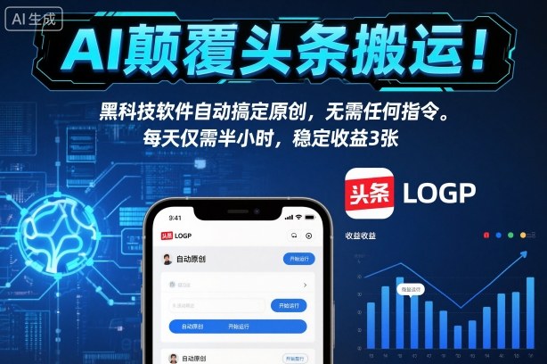 AI颠覆头条搬运！黑科技软件自动搞定原创，无需任何指令。每天仅需半小时，稳定收益3张【揭秘】-极客网创