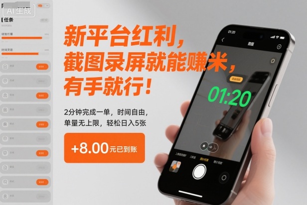 新平台红利，截图录屏就能賺米，有手就行！2分钟完成一单，时间自由，单量无上限，轻松日入5张【揭秘】-极客网创