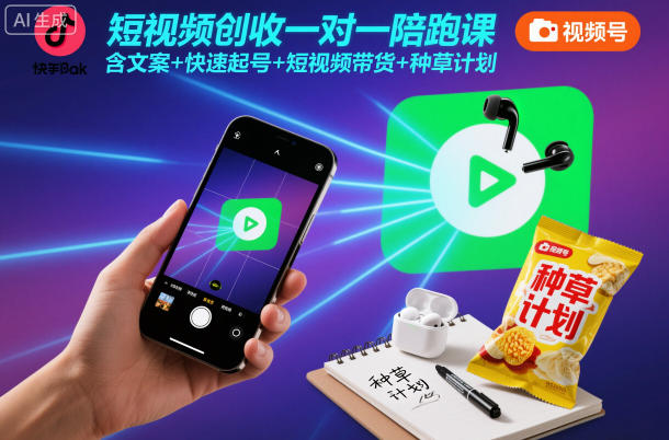 短视频创收一对一陪跑课，含文案+快速起号+短视频带货+种草计划-极客网创