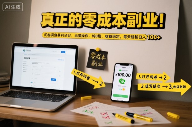 真正的零成本副业！问卷调查暴利项目，无脑操作，纯0撸，收益稳定，每天轻松日入100+【揭秘】-极客网创