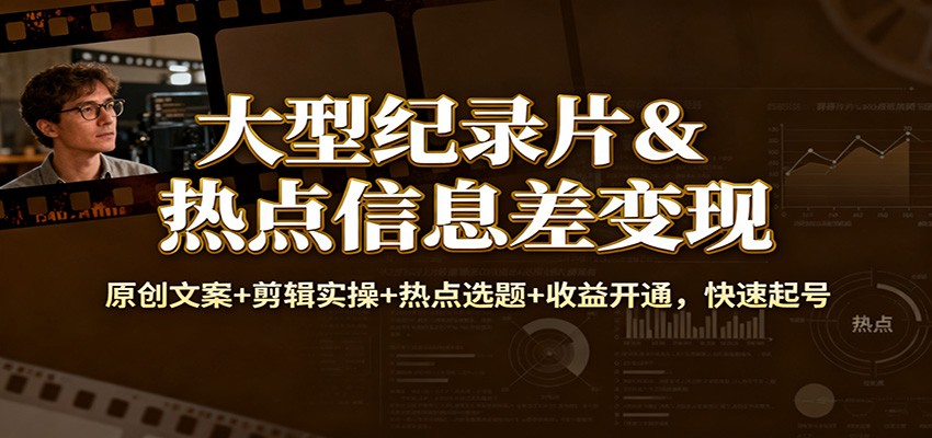 大型纪录片&热点信息差变现：原创文案+剪辑实操+热点选题+收益开通，快速起号-极客网创