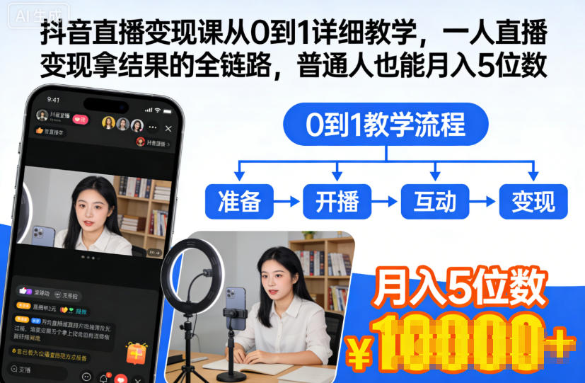 抖音直播变现课从0到1详细教学，一人直播变现拿结果的全链路，普通人也能月入5位数-极客网创