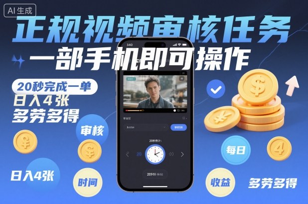 正规视频审核任务，一部手机即可操作，20秒完成一单，日入4张，多劳多得【揭秘】-极客网创