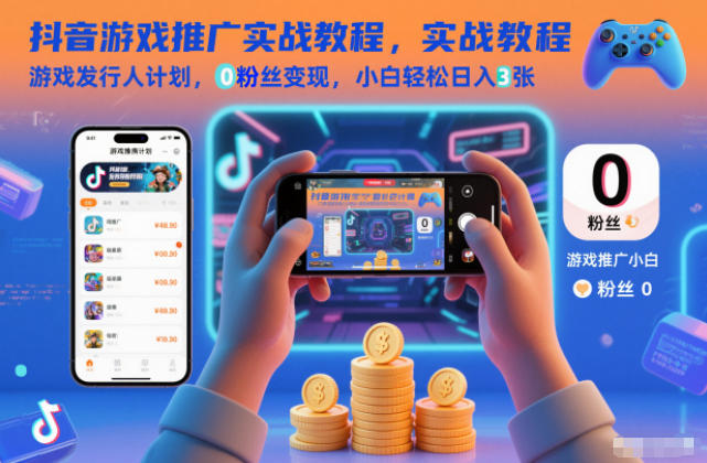 抖音游戏推广实战教程，游戏发行人计划，0粉丝变现，小白轻松日入3张-极客网创