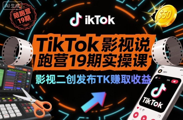 TikTok影视解说陪跑营19期实操课，影视二创发布TK賺取收益，万播收益50美金(更新)-极客网创