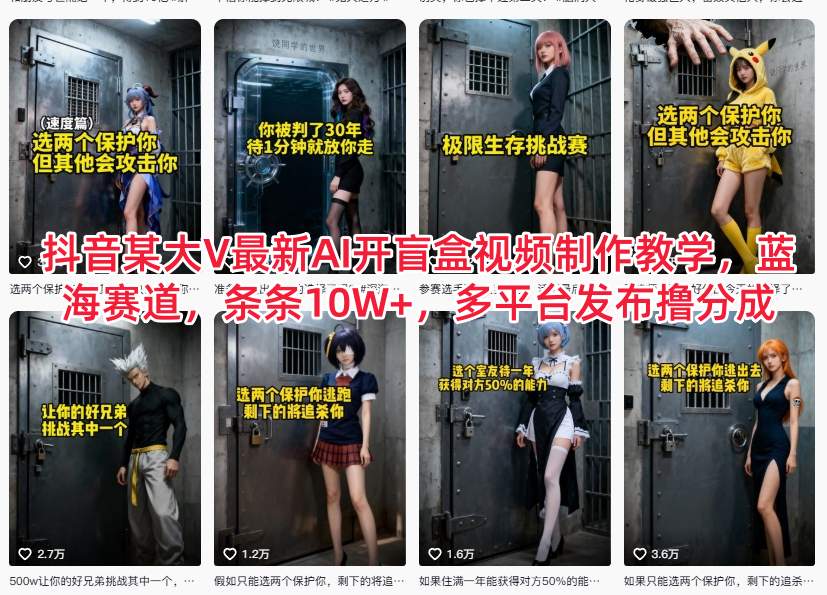 抖音某大V最新AI开盲盒视频制作教学，蓝海赛道，条条10W+，多平台发布撸分成-极客网创