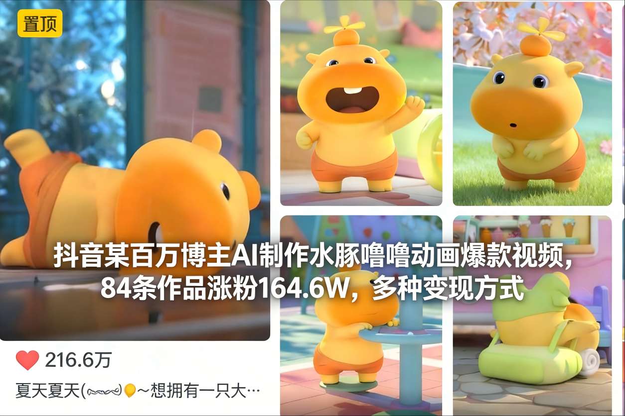 抖音某百万博主AI制作水豚噜噜动画爆款视频，84条作品涨粉164.6W，多种变现方式-极客网创