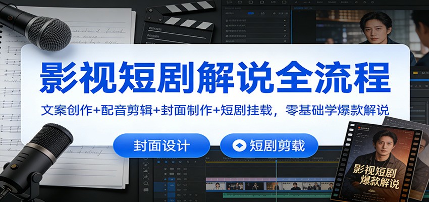 影视短剧解说全流程：文案创作+配音剪辑+封面制作+短剧挂载，零基础学爆款解说-极客网创
