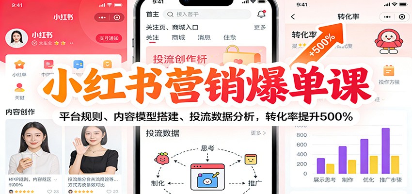 小红书营销爆单课：平台规则、内容模型搭建、投流数据分析，转化率提升500%-极客网创