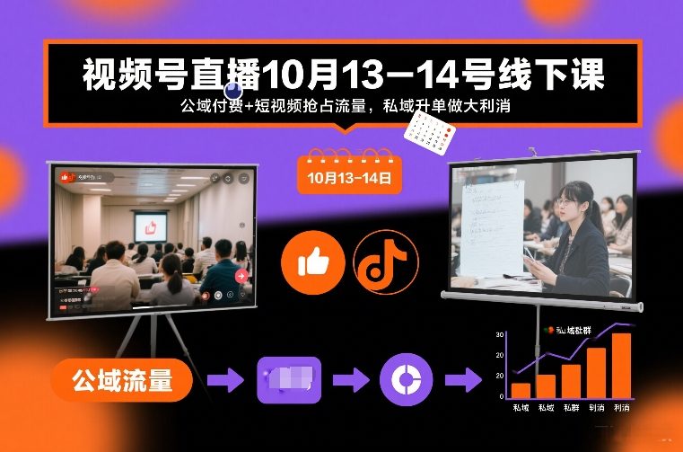 视频号直播10月13-14号线下课,公域付费+短视频抢占流量,私域升单做大利消-极客网创