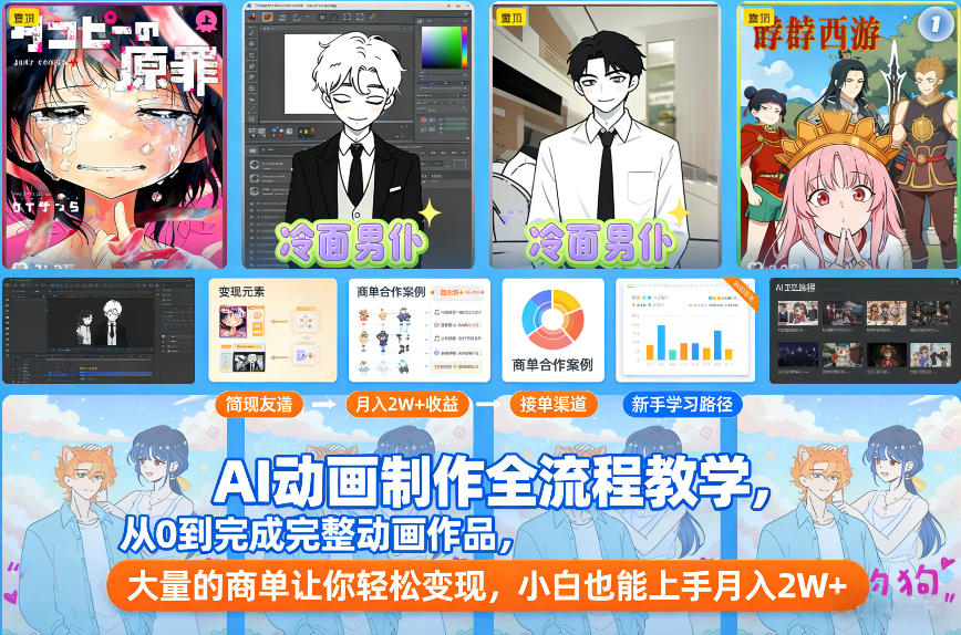 AI动画制作全流程教学,从0到完成完整动画作品,大量的商单让你轻松变现,小白也能上手月入2W+