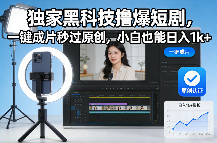 独家黑科技撸爆短剧，一键成片秒过原创，小白也能日入1k+【揭秘】-极客网创