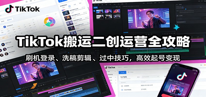 TikTok搬运二创运营全攻略：刷机登录、洗稿剪辑 、过中技巧，高效起号变现-极客网创