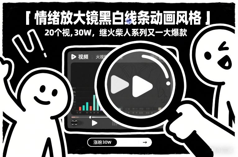 情绪放大镜黑白线条动画风格，20个视频，涨粉30W，继火柴人系列又一大爆款-极客网创