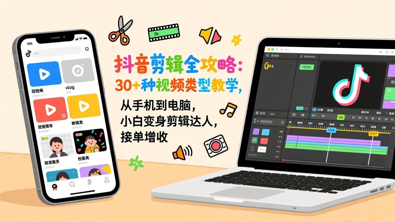 抖音剪辑全攻略：30+种视频类型教学，从手机到电脑，小白变身剪辑达人，接单增收-极客网创