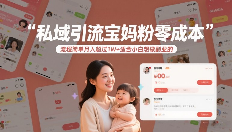 私域引流宝妈粉零成本流程简单月入超过1W+适合小白想做副业的-极客网创