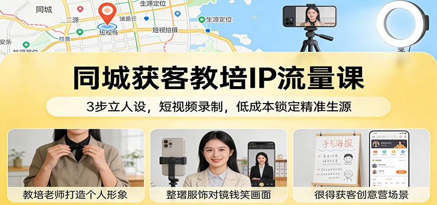 同城获客教培IP流量课：3步立人设，短视频录制，低成本锁定精准生源-极客网创
