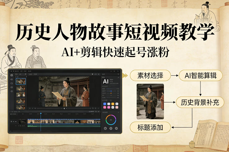 历史人物故事短视频教学,AI+剪辑制作历史人物题材短视频,快速起号涨粉-极客网创