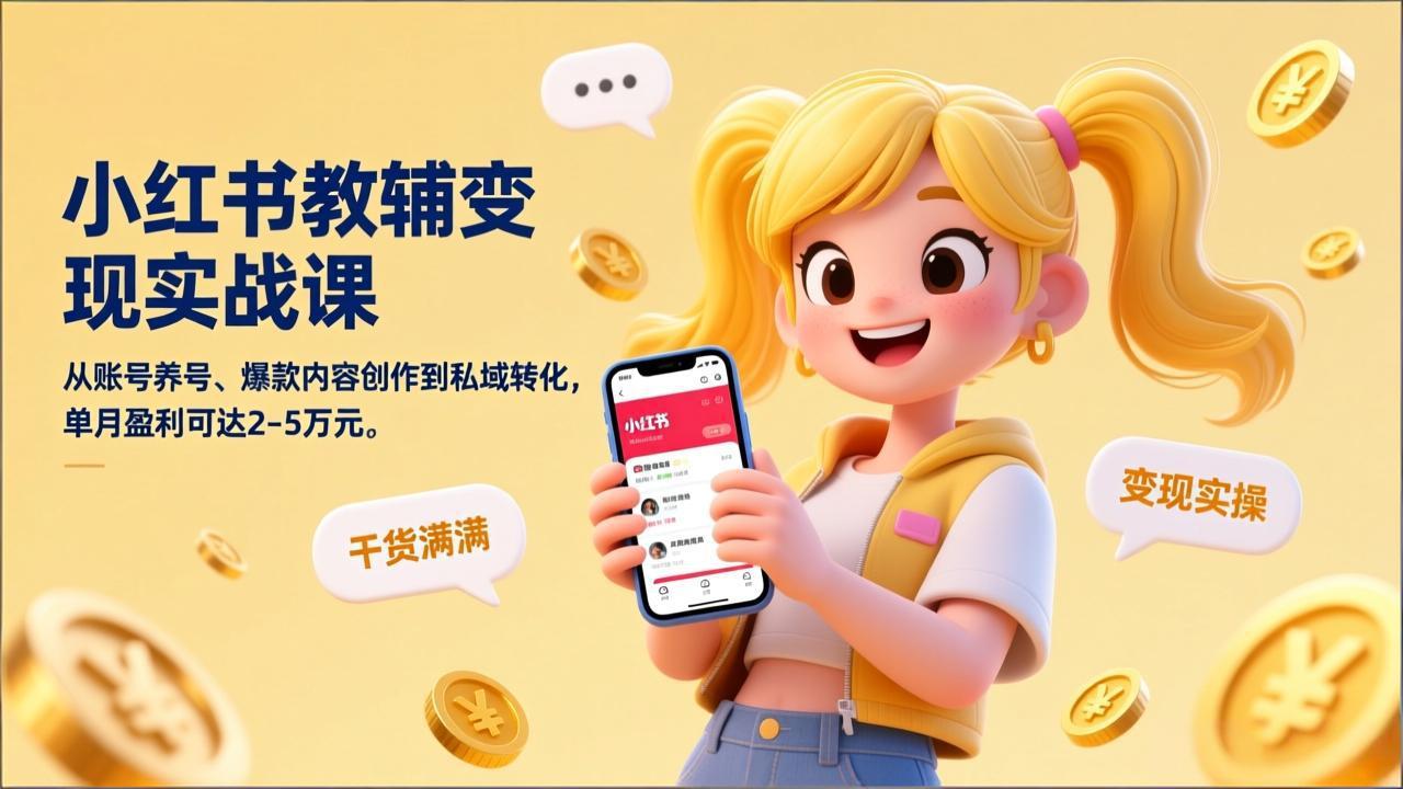 小红书教辅变现实战课，从账号养号、爆款内容创作到私域转化，单月盈利可达2-5万元-极客网创