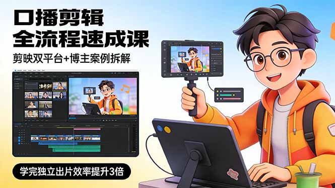口播剪辑全流程速成课，剪映双平台+博主案例拆解，学完独立出片效率提升3倍-极客网创