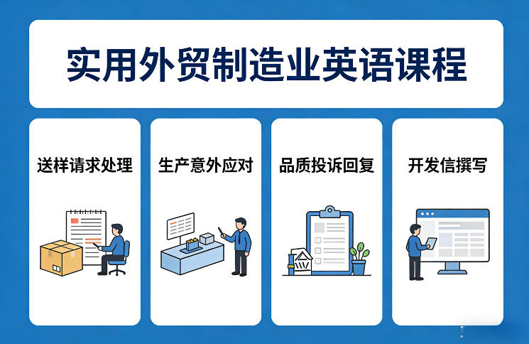 实用外贸制造业英语课程，教你专业处理送样请求、应对生产意外、回复品质投诉、撰写开发信等-极客网创