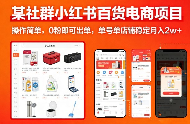 某社群小红书百货电商项目，操作简单，0粉即可出单，单号单店铺稳定月入2w+-极客网创