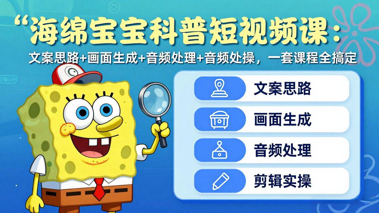 海绵宝宝科普短视频课：文案思路+画面生成+音频处理+剪辑实操，一套课程全搞定-极客网创