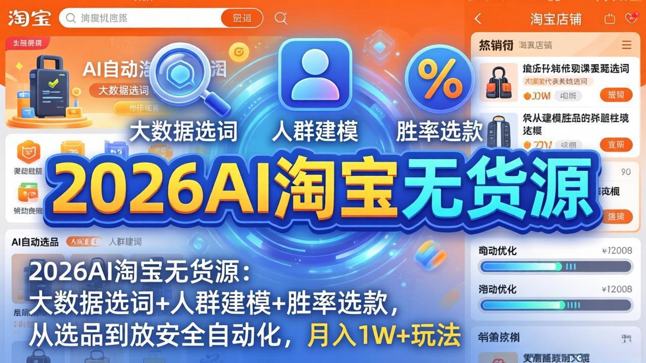 2026AI淘宝无货源：大数据选词+人群建模+胜率选款，从选品到放大全自动化，月入1W+玩法-极客网创