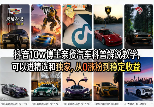 抖音10w博主亲授汽车科普解说教学，可以进精选和独家，从0涨粉到稳定收益(详细视频课程+1T素材)-极客网创