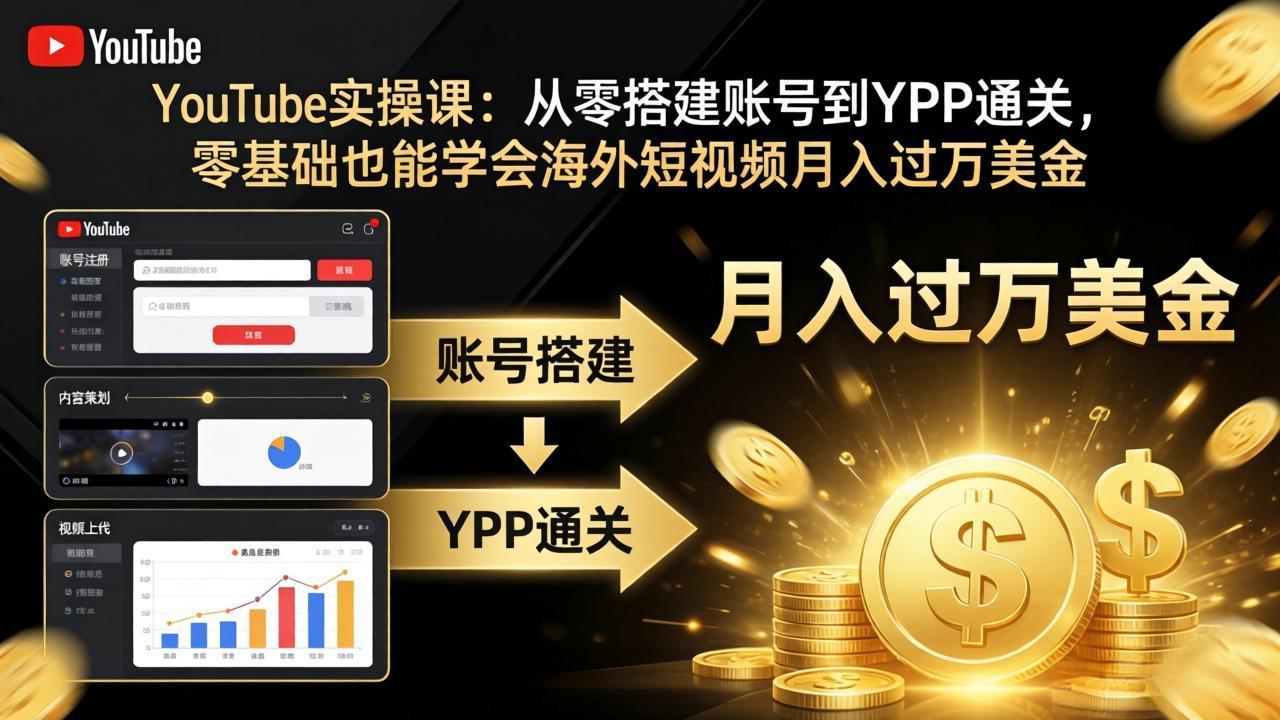 YouTube实操课：从零搭建账号到YPP通关，零基础也能学会海外短视频月入过万美金-极客网创