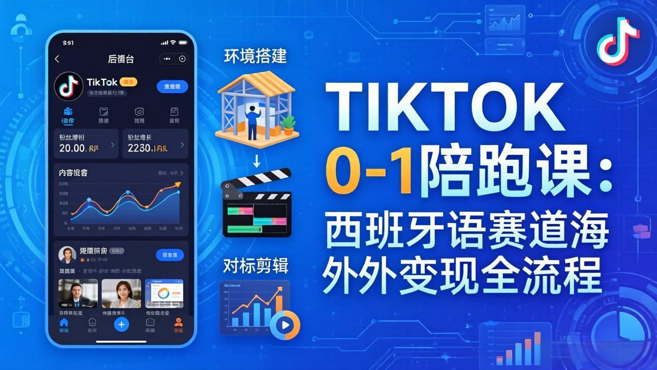 TIKTOK 0-1 陪跑课：从环境搭建到刷对标剪辑，西班牙语赛道海外变现全流程-极客网创