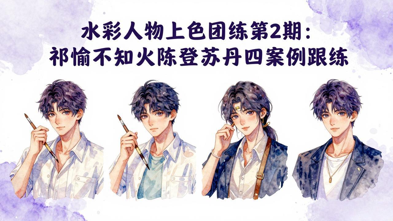 水彩人物上色团练第2期：祁煜不知火陈登苏丹四案例跟练，手把手提升绘画能力-极客网创