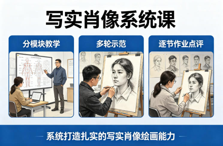 写实肖像系统课，全程分模块教学+多轮示范+逐节作业点评，系统打造扎实的写实肖像绘画能力-极客网创