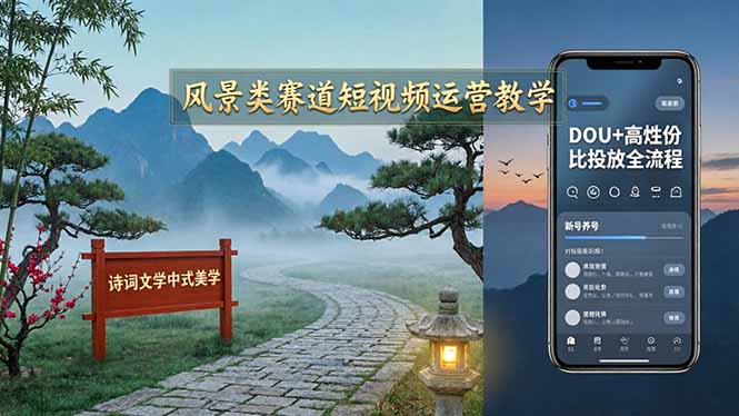 风景类赛道短视频运营教学:诗词文学中式美学,新号养号对标账号定位,DOU+高性价比投放全流程-极客网创