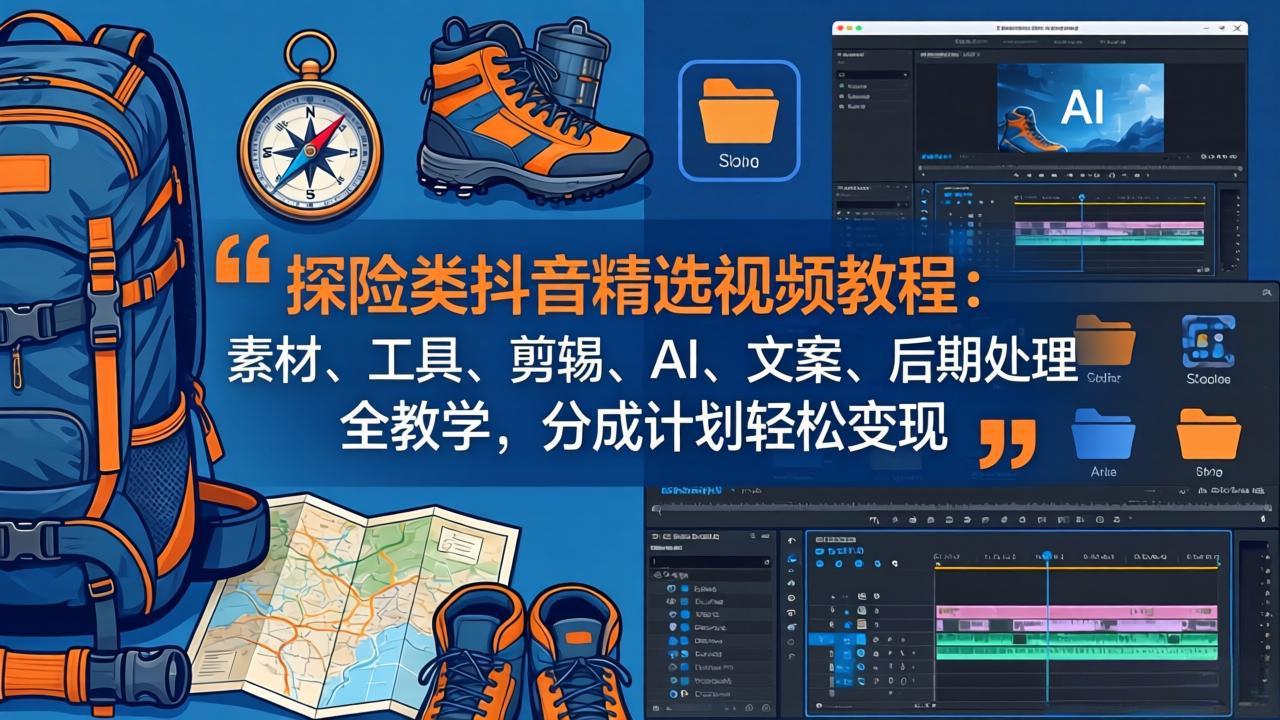 探险类抖音精选视频教程:素材、工具、剪辑、AI、文案、后期处理全教学,分成计划轻松变现-极客网创