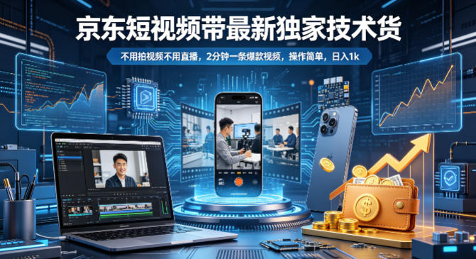 京东短视频带货最新独家技术，不用拍视频不用直播，2分钟一条爆款视频，操作简单，日入1k+【揭秘】-极客网创