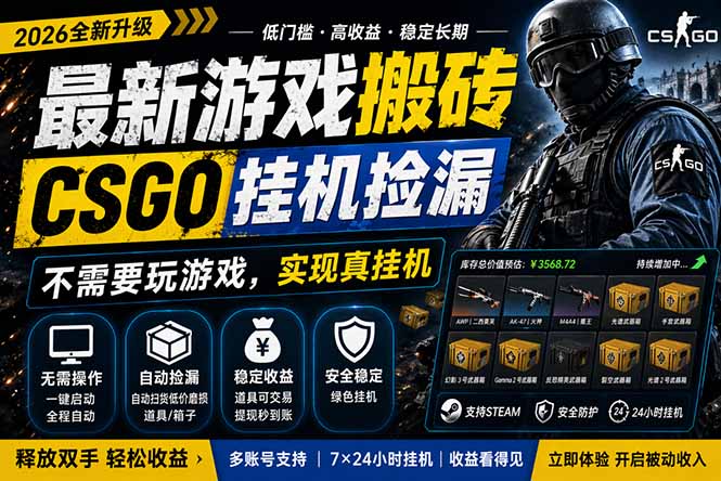 最新游戏搬砖，CSGO纯挂机，不需要玩游戏，实现真挂机，月入1W+，五一小高峰上车可吃肉，…-极客网创