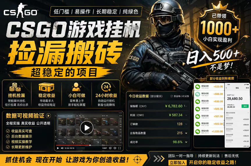 CSGO游戏搬砖，全自动挂G，不需要玩游戏，手机操作日入300+，解放双手【揭秘】-极客网创