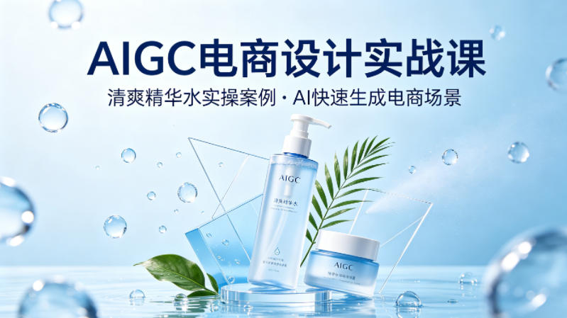 AIGC电商设计实战课，以清爽精华水为实操案例，教你用AI快速生成电商场景-极客网创