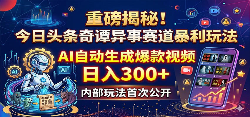 重磅揭秘!今日头条奇谭异事赛道暴利玩法:AI自动生成爆款视频,日入300+-极客网创