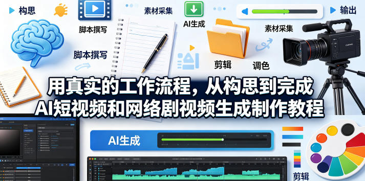 用真实的工作流程,从构思到完成AI短视频和网络剧视频生成制作教程-中英字幕-极客网创