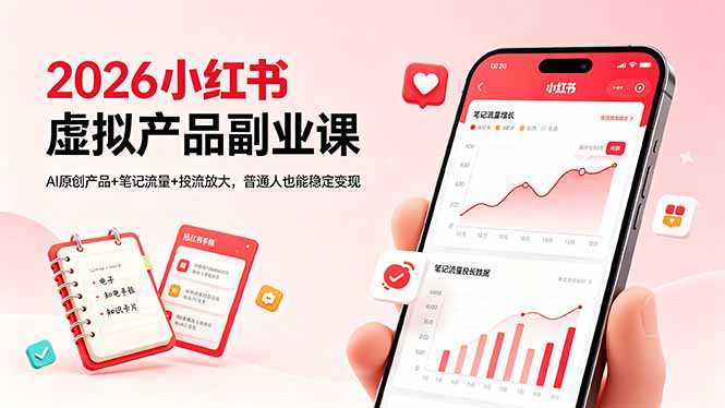 2026小红书虚拟产品副业课，AI原创产品+笔记流量+投流放大，普通人也能稳定变现-极客网创