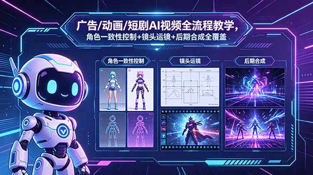 广告/动画/短剧AI视频全流程教学,角色一致性控制+镜头运镜+后期合成全覆盖-极客网创