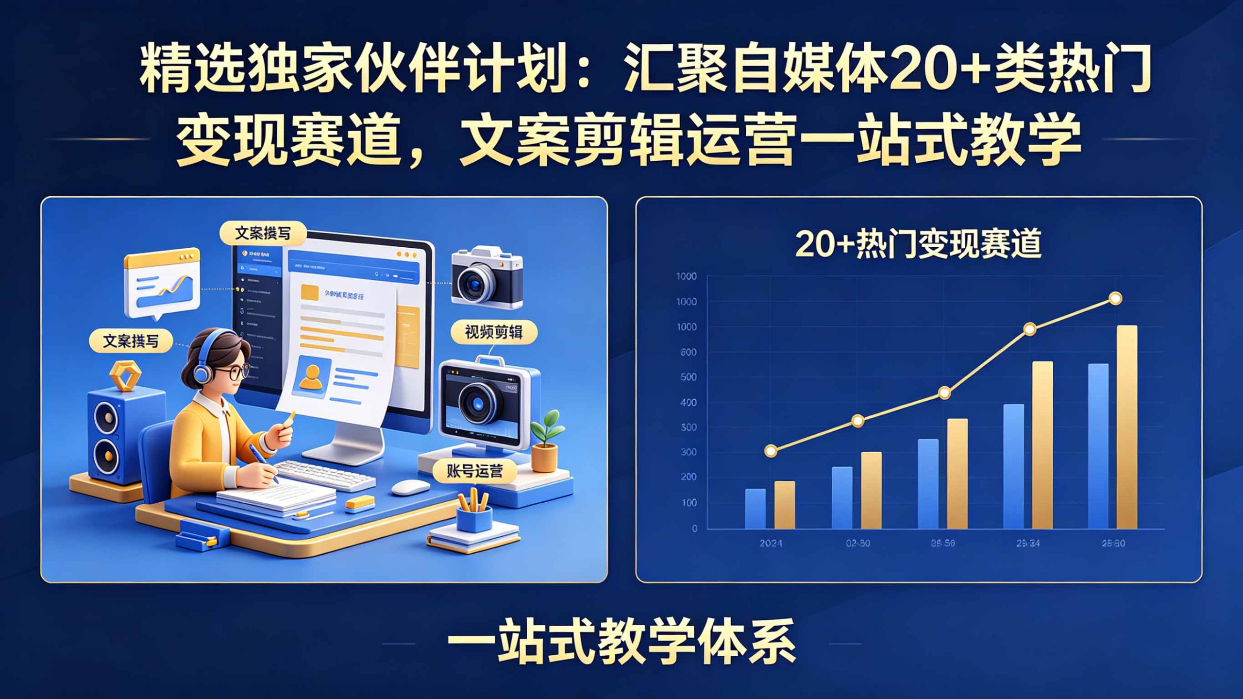 精选独家伙伴计划：汇聚自媒体20+类热门变现赛道，文案剪辑运营一站式教学-极客网创