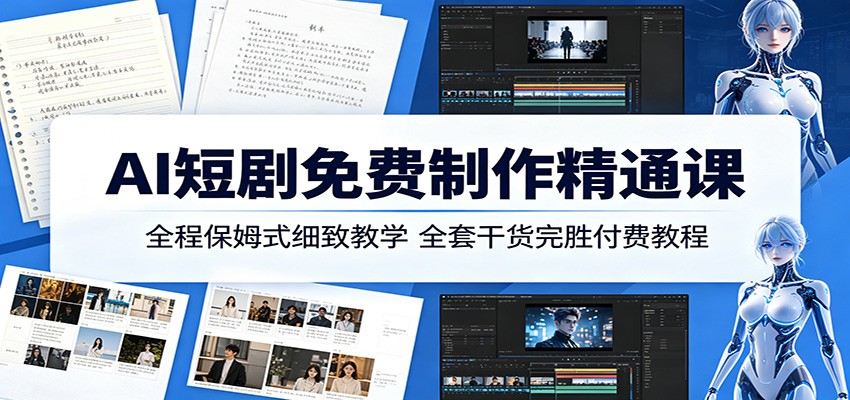 AI短剧免费制作精通课:全程保姆式细致教学,全套干货完胜付费教程-极客网创